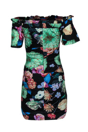 Current Boutique-Nicole Miller - Black Floral Print Off-the-Shoulder Ruched Dress Sz 2