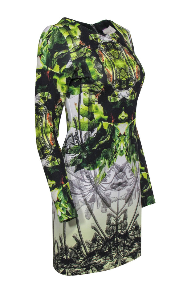 Current Boutique-Nicole Miller - Black & Green Floral Print Long Sleeve Bodycon Dress Sz 6