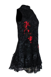 Current Boutique-Nicole Miller - Black Lace Sleeveless Dress w/ Red Floral Embroidery Sz 2
