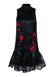 Current Boutique-Nicole Miller - Black Lace Sleeveless Dress w/ Red Floral Embroidery Sz 2