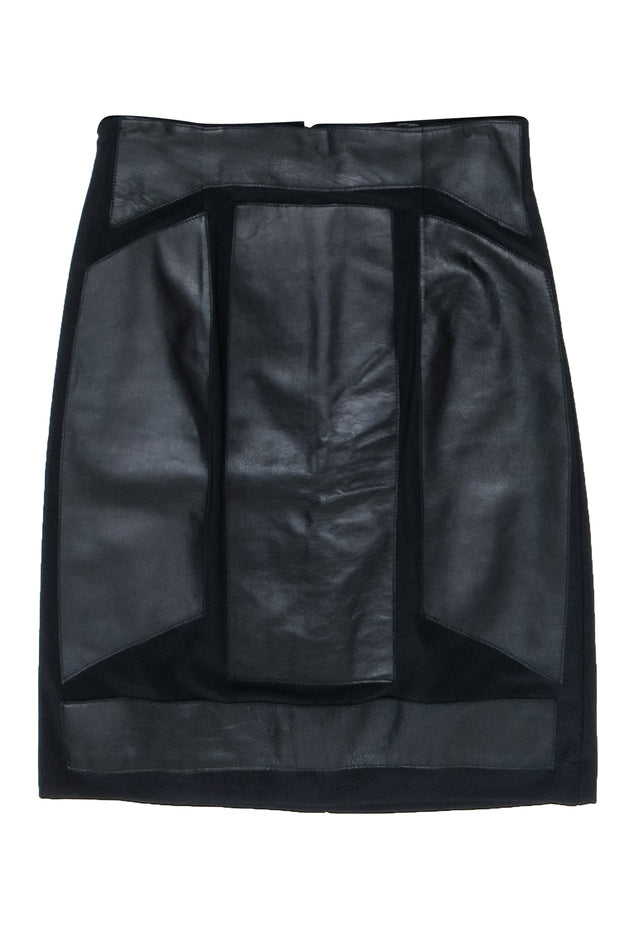 Current Boutique-Nicole Miller - Black Leather Panel Pencil Skirt Sz 10