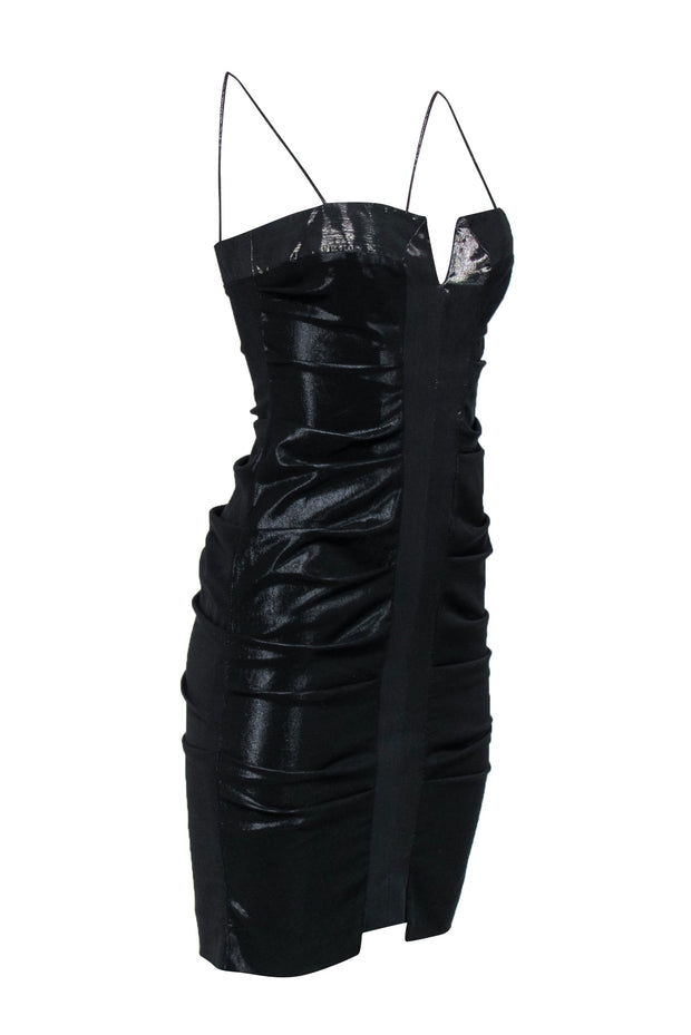 Current Boutique-Nicole Miller - Black Metallic Ruched Satin Cocktail Dress Sz 2
