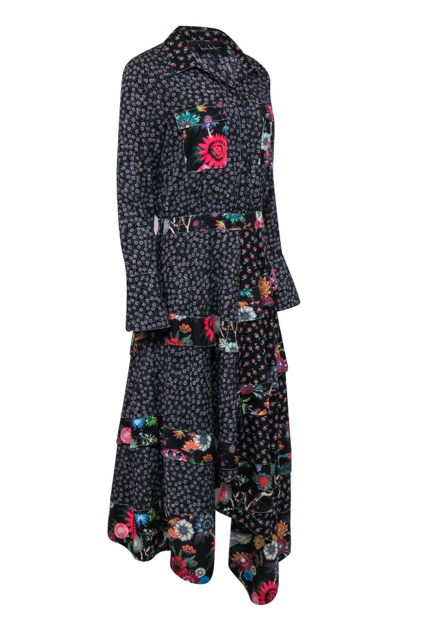 Current Boutique-Nicole Miller - Black Mixed Pattern Asymmetrical Midi Shirt Dress w/ Ruffle Sz 8