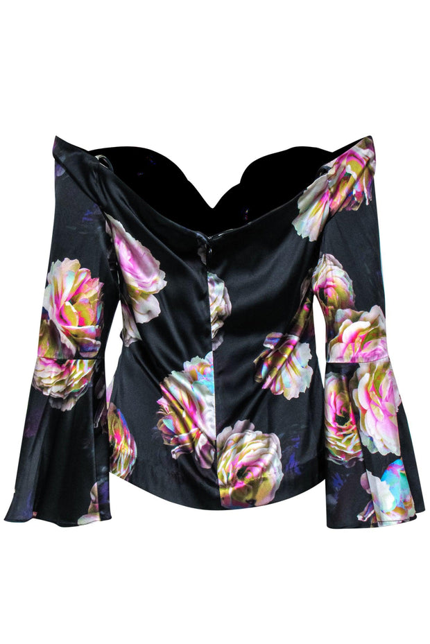Current Boutique-Nicole Miller - Black & Multicolor Floral Off-the-Shoulder Blouse Sz L