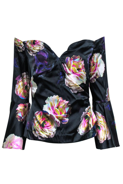 Current Boutique-Nicole Miller - Black & Multicolor Floral Off-the-Shoulder Blouse Sz L