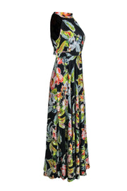 Current Boutique-Nicole Miller - Black Silk Floral Print Halter Top Maxi Dress Sz 6