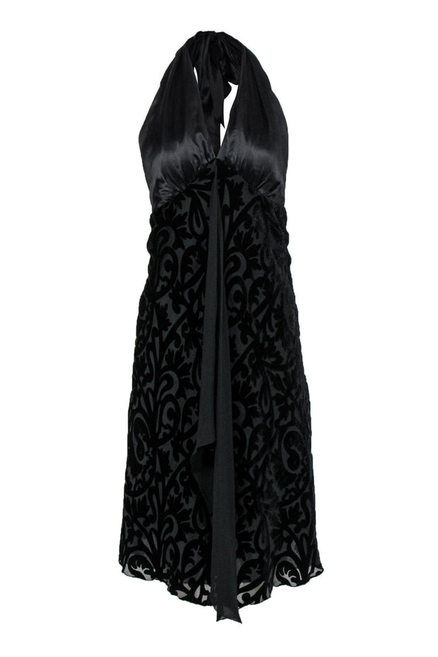 Current Boutique-Nicole Miller - Black Velvet Printed Sleeveless Halter Midi Dress Sz 2