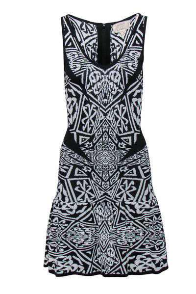 Current Boutique-Nicole Miller - Black & White Patterned Knit Ruffled Hem Dress Sz P