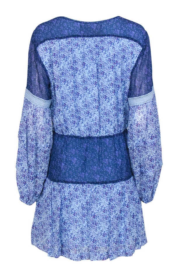 Current Boutique-Nicole Miller - Blue Floral Silk Patchwork Peasant Dress Sz L