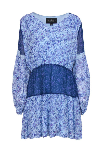 Current Boutique-Nicole Miller - Blue Floral Silk Patchwork Peasant Dress Sz L
