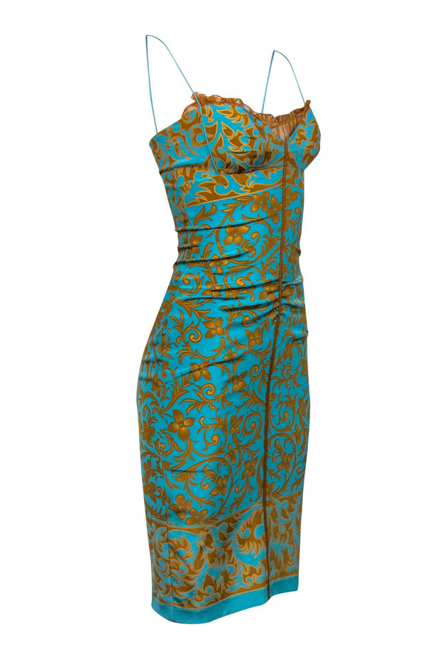Current Boutique-Nicole Miller - Blue & Gold Filigree Printed Silk Slip Dress Sz 0