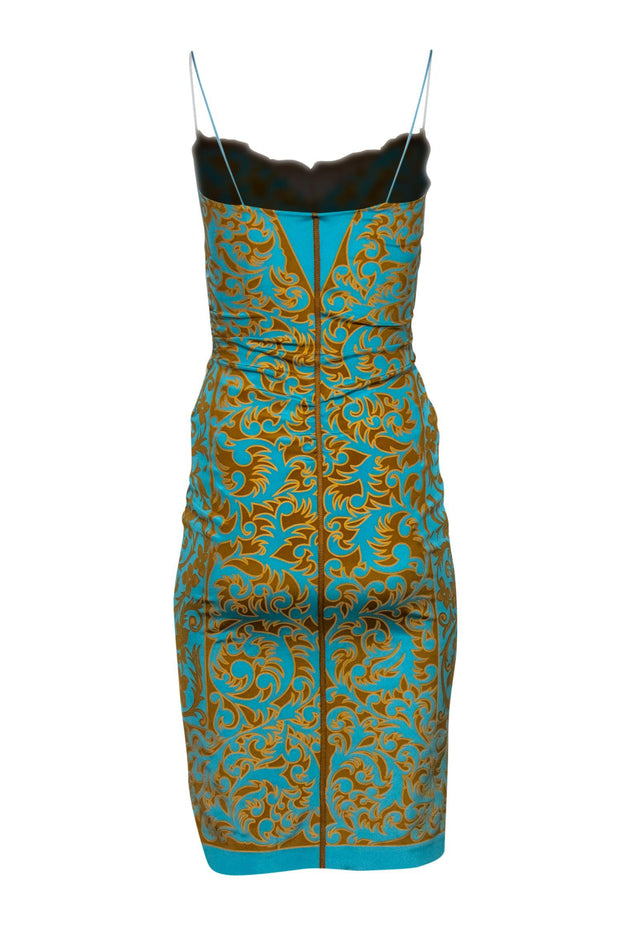 Current Boutique-Nicole Miller - Blue & Gold Filigree Printed Silk Slip Dress Sz 0