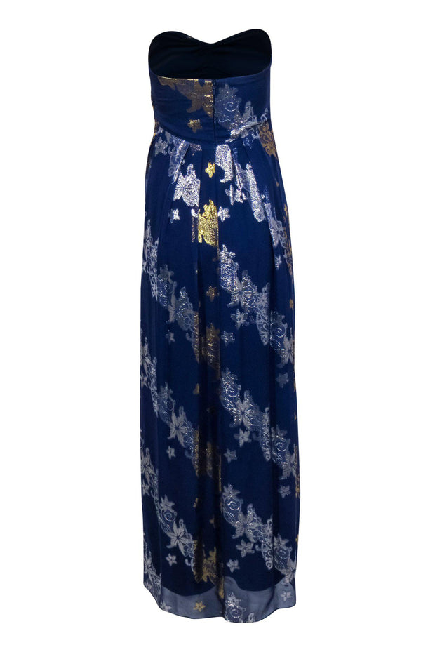 Current Boutique-Nicole Miller - Blue, Gold & Silver Floral Print Strapless Gown Sz 6