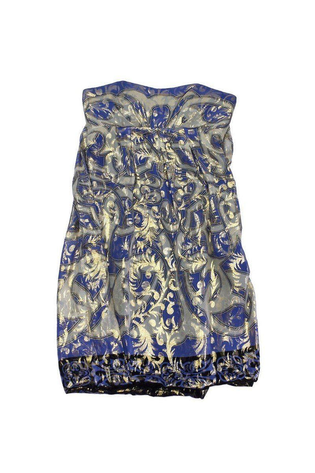 Current Boutique-Nicole Miller - Blue & Metallic Gold Abstract Strapless Dress Sz 6
