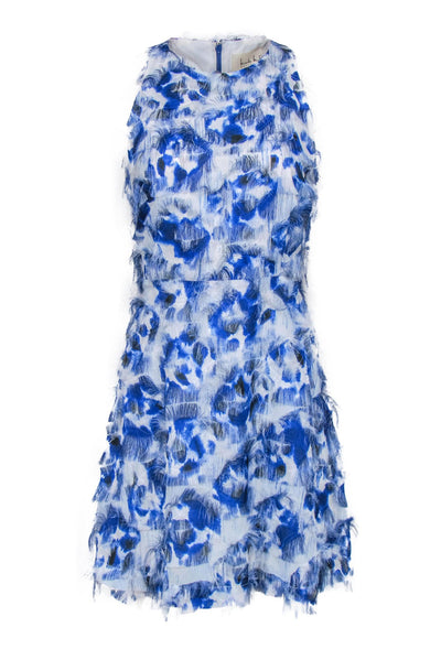 Current Boutique-Nicole Miller - Blue & White Print Fuzzy Frayed Dress Sz 6