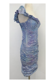Current Boutique-Nicole Miller - Blue & White Print Silk One Shoulder Dress Sz 2