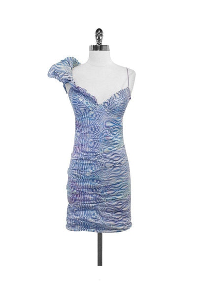 Current Boutique-Nicole Miller - Blue & White Print Silk One Shoulder Dress Sz 2