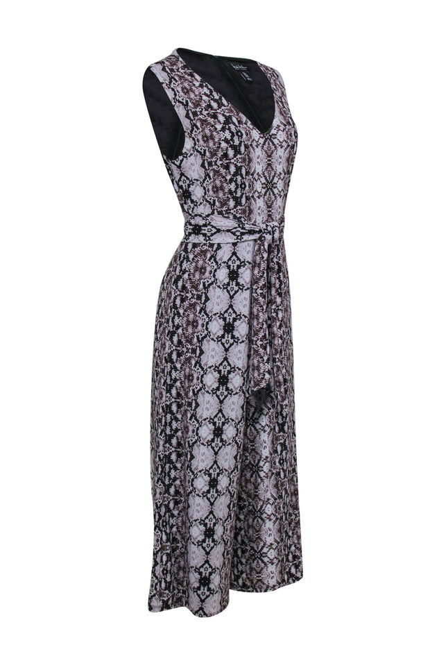 Current Boutique-Nicole Miller - Brown & Grey Snake Print Cropped Sleeveless Jumpsuit w/ Tie Sz 6