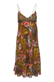 Current Boutique-Nicole Miller - Colorful Chartreuse Floral Silk Dress w/ Lace Detail Sz 0