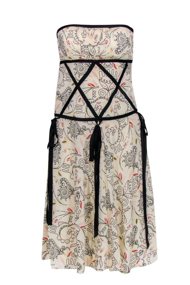 Current Boutique-Nicole Miller - Cream Printed Strapless Dress w/ Black Ribbon Trim Sz 0