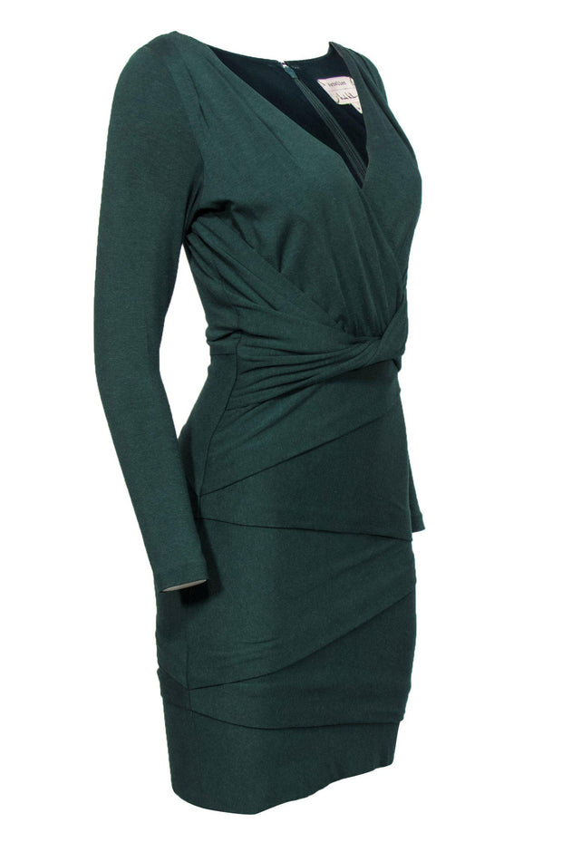 Current Boutique-Nicole Miller - Dark Green Knotted & Draped Long Sleeved Dress Sz M