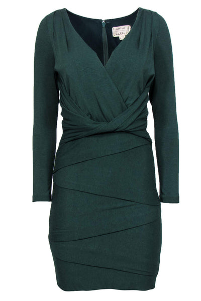 Current Boutique-Nicole Miller - Dark Green Knotted & Draped Long Sleeved Dress Sz M
