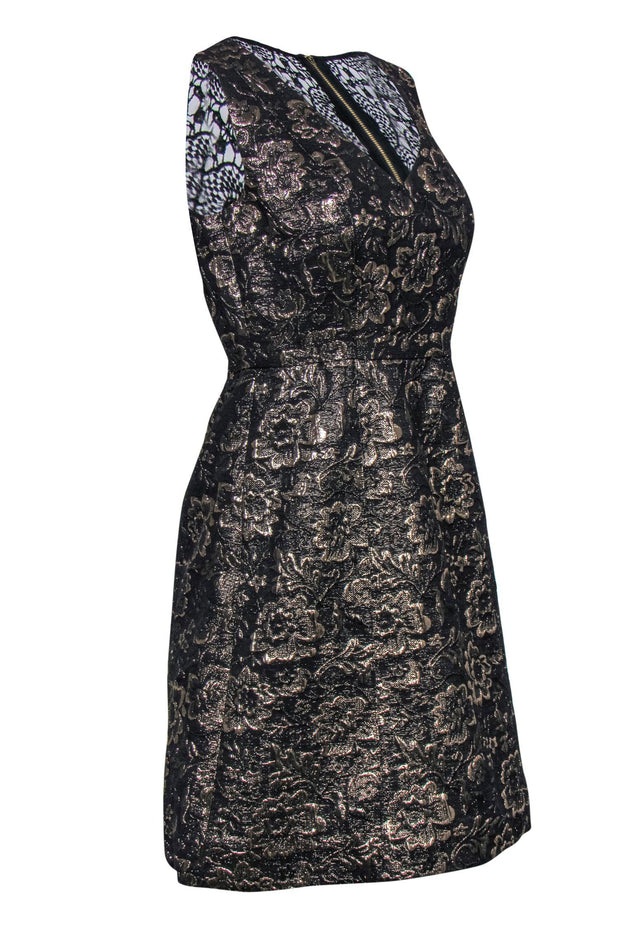 Current Boutique-Nicole Miller - Gold & Black Floral Jacquard Fit & Flare Dress w/ Lace Paneling Sz 4