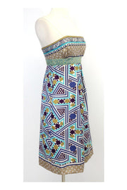 Current Boutique-Nicole Miller - Gold & Purple Print Silk Strapless Dress Sz 2