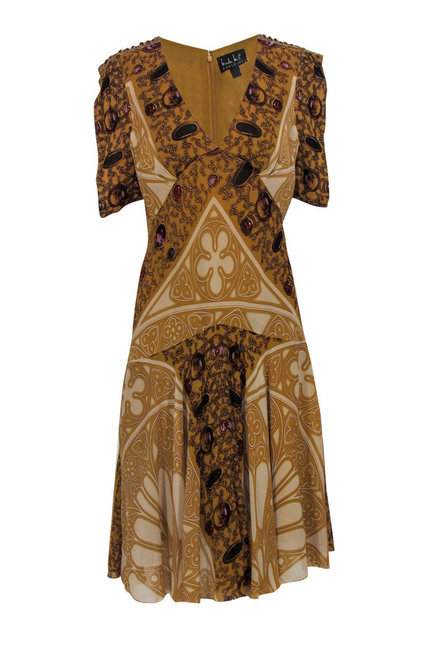 Current Boutique-Nicole Miller - Golden Jewel Printed Flare Dress Sz 10