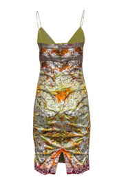 Current Boutique-Nicole Miller - Green & Silver Metallic Ruched Silk Dress Sz 6
