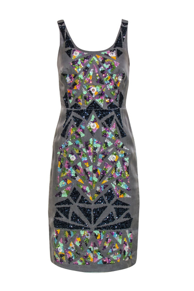 Current Boutique-Nicole Miller - Grey Silk Sheath Dress w/ Multicolor Sequin & Jeweled Design Sz 4