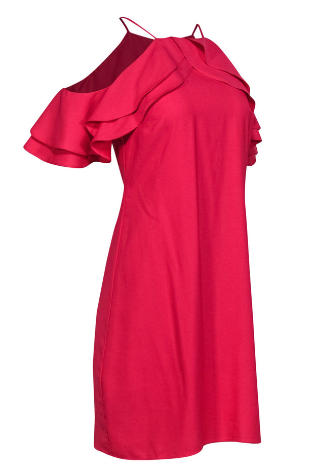 Current Boutique-Nicole Miller - Hot Pink Cold Shoulder Ruffled Sheath Dress Sz 4