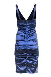 Current Boutique-Nicole Miller - Ice Blue Satin Ruched Plunge Sheath Dress Sz 8
