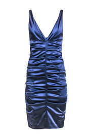 Current Boutique-Nicole Miller - Ice Blue Satin Ruched Plunge Sheath Dress Sz 8