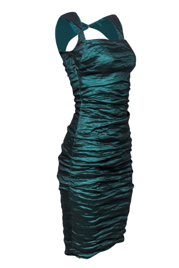 Current Boutique-Nicole Miller - Metallic Emerald Green Ruched Backless Dress Sz 4