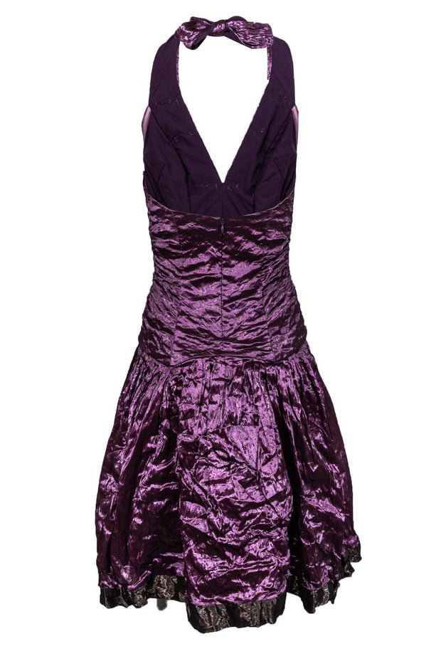 Current Boutique-Nicole Miller - Metallic Purple Ruched Halter Dress Sz 4