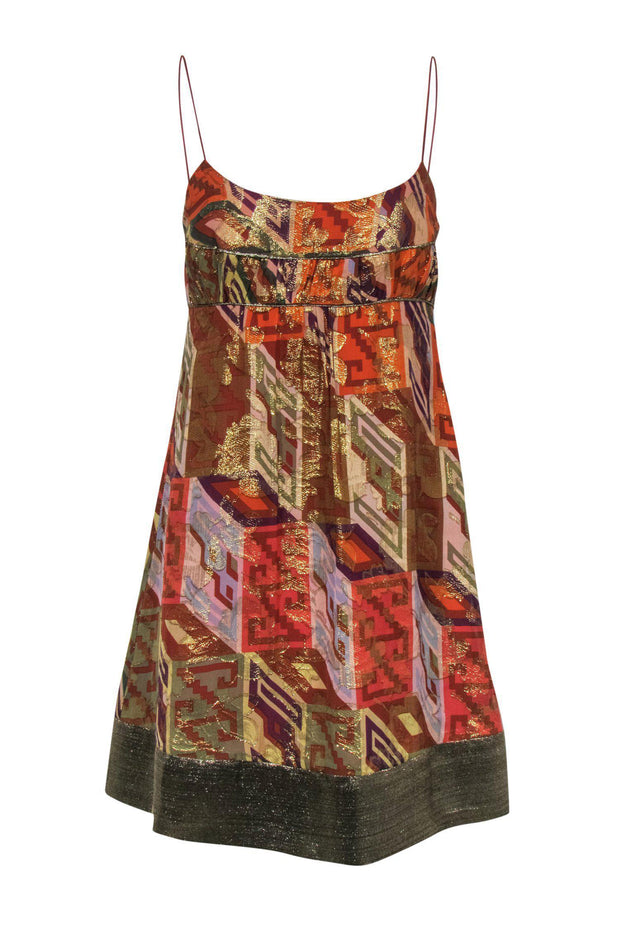 Current Boutique-Nicole Miller - Metallic Silk Printed Spaghetti Strap Mini Dress Sz 4