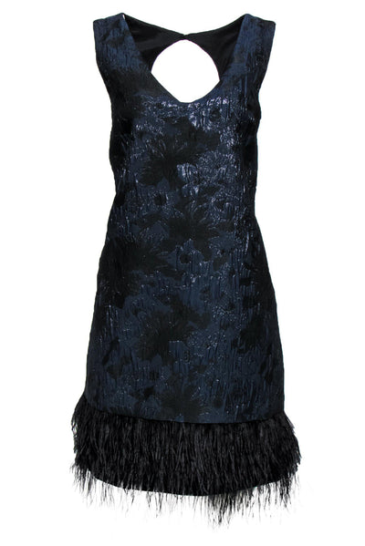 Current Boutique-Nicole Miller - Navy & Black Brocade Shift Dress w/ Feather Hem Sz 12