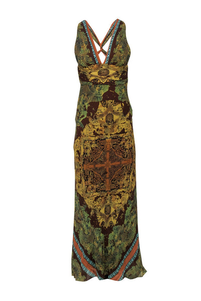 Current Boutique-Nicole Miller - Olive Green Printed Halter Maxi Dress Sz 0