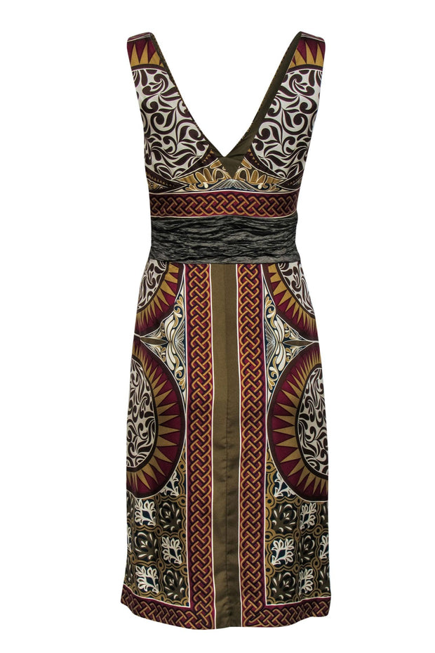 Current Boutique-Nicole Miller - Olive Green Printed Silk Dress w/ Crinkled Waist Sz 0