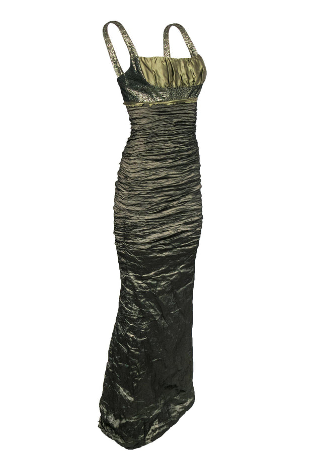 Current Boutique-Nicole Miller - Olive Green Taffeta Ruched Gown Sz 6