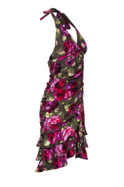 Current Boutique-Nicole Miller - Olive & Purple Floral Ruched Halter Dress Sz 2