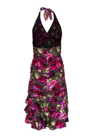 Current Boutique-Nicole Miller - Olive & Purple Floral Ruched Halter Dress Sz 2