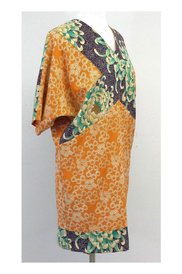 Current Boutique-Nicole Miller - Orange & Aqua Floral Silk Dress Sz 2