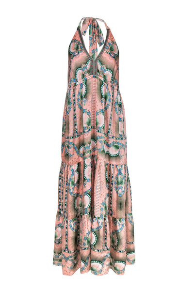 Current Boutique-Nicole Miller - Pink, Green & Blue Floral Print Tiered Halter Maxi Dress Sz 10