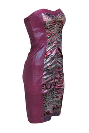 Current Boutique-Nicole Miller - Purple Metallic Ruched Strapless Bodycon Dress w/ Multicolored Print Sz 0