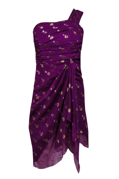 Current Boutique-Nicole Miller - Purple Pleated One-Shoulder Dress w/ Silver & Gold Polka Dots Sz 0