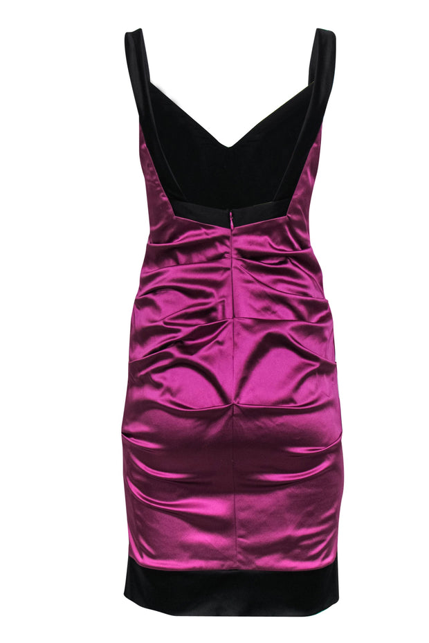 Current Boutique-Nicole Miller - Purple Satin Ruched Sleeveless Bodycon Dress w/ Black Trim Sz 8