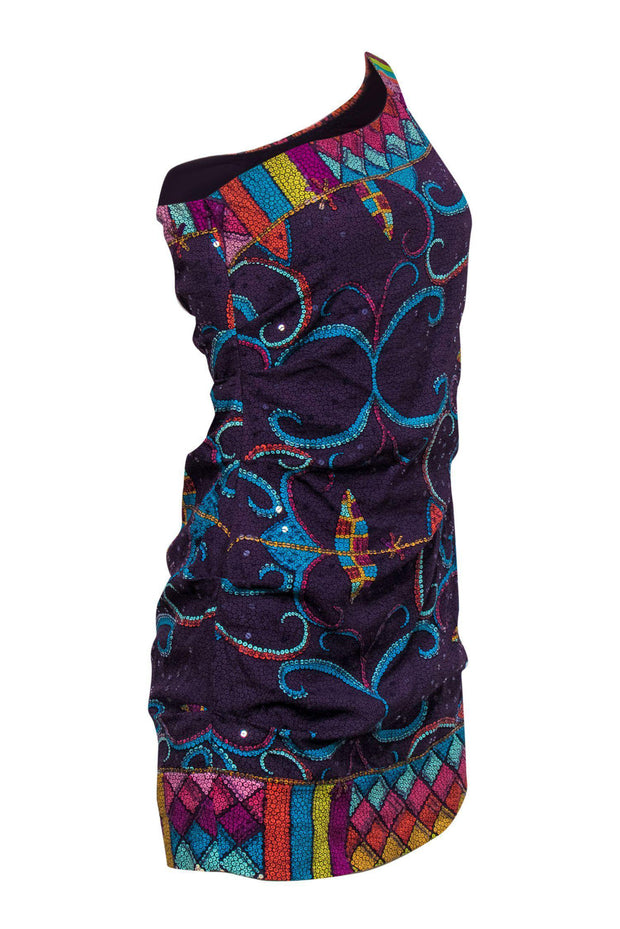 Current Boutique-Nicole Miller - Purple Sequined Printed One-Shoulder Dress Sz 6