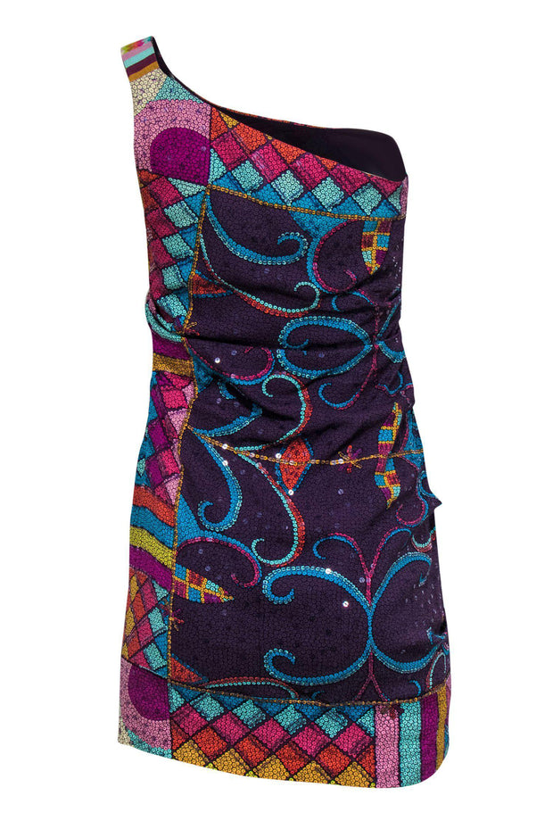 Current Boutique-Nicole Miller - Purple Sequined Printed One-Shoulder Dress Sz 6